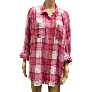 Cato Button Up Pink Shimmer Double Pocket Roll Tab Long Sleeve Shirt Plus 24W